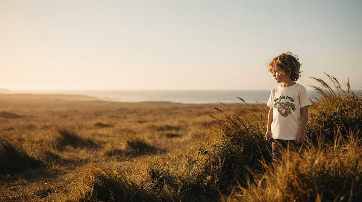 A child in a cream-colored t-shirt with a sloth graphic standing in a coastal meadow at sunset, featuring open space for text